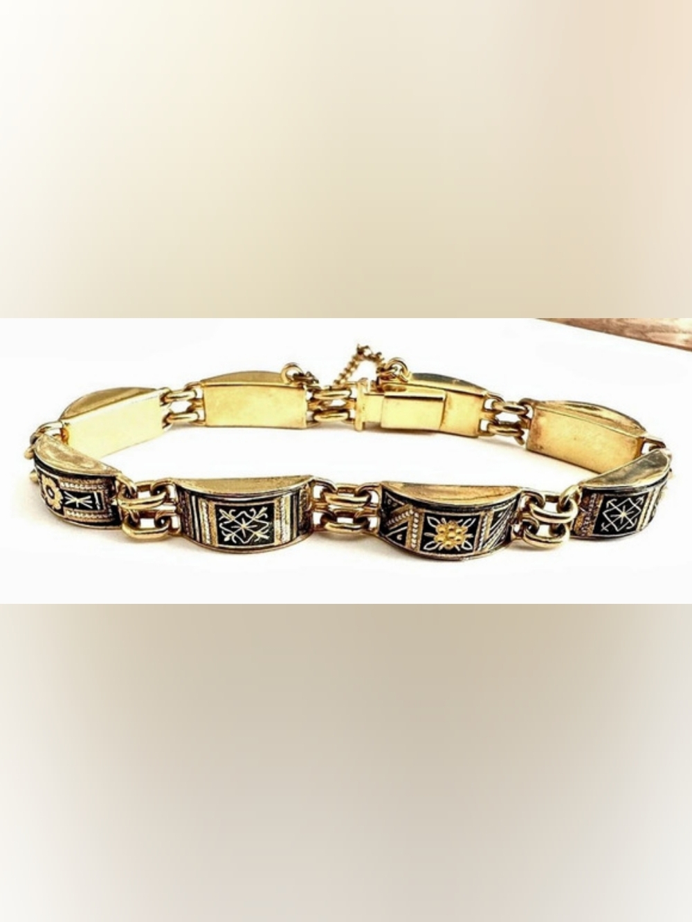 VINTAGE SPAIN DAMASCENE 8 PANEL ETCHED FLORAL CURVED LINK BRACELET 6.5"